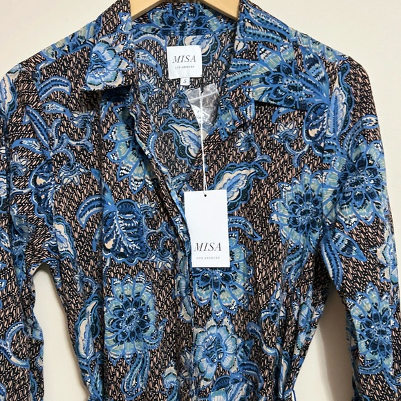 ⭐️NWT MISA maxi dress shirt button down tie waist blue black combo⭐️ - Picture 3 of 5